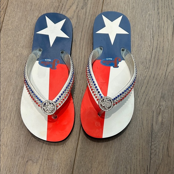 Justin Boots Red White Blue 4th of July Texas Patriotic Star Flip Flops Size 8 - Picture 1 of 9